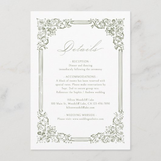 Sage Green Lijst Elegante Trouwdetails Informatiekaartje (Voorkant)