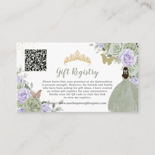 Sage Green Lila Bloemen Quinceañera Gift Registry Informatiekaartje (Voorkant)