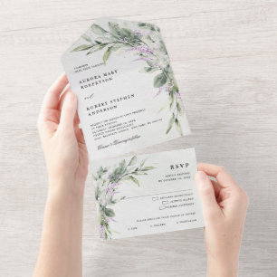 Sage Green Lila Eucalyptus Botanical Wedding All In One Uitnodiging