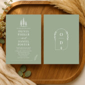 Sage Green Line Art Rustic Forest Wedding Kaart