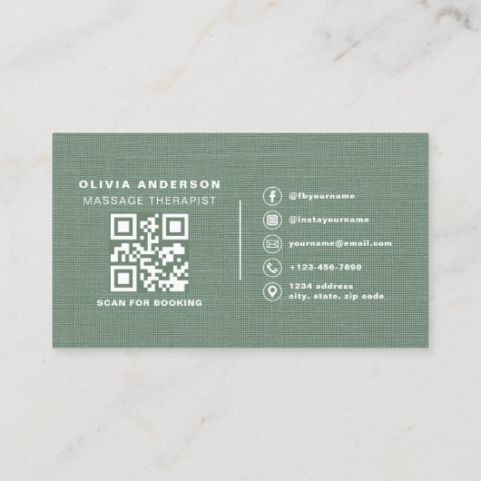 Sage Green Linen Massage Therapist QR Code Visitekaartje (Achterkant)
