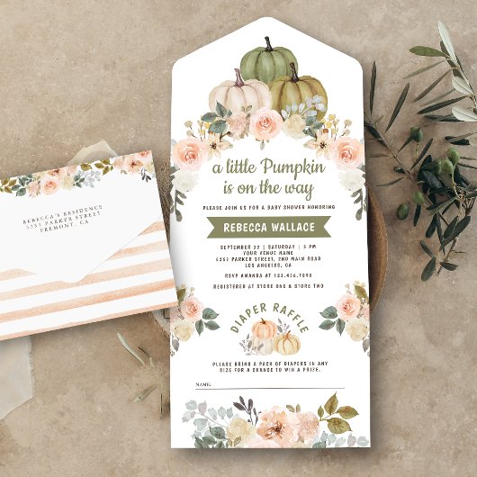 Sage Green Little Pumpkin Peach Floral Baby shower All In One Uitnodiging