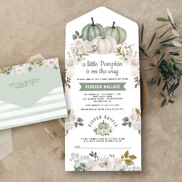 Sage Green Little Pumpkin White Floral Baby shower All In One Uitnodiging
