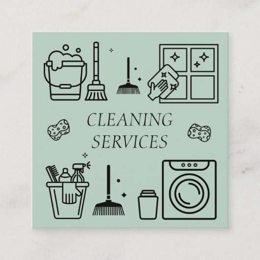 Sage Green Logo Schoonmaak Diensten Commercieel Vierkante Visitekaartje (Voorkant)