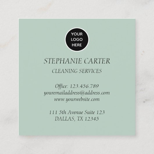 Sage Green Logo Schoonmaak Diensten Commercieel Vierkante Visitekaartje (Achterkant)