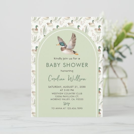 Sage Green Mallard Duck Baby shower Uitnodiging (Staand voorkant)