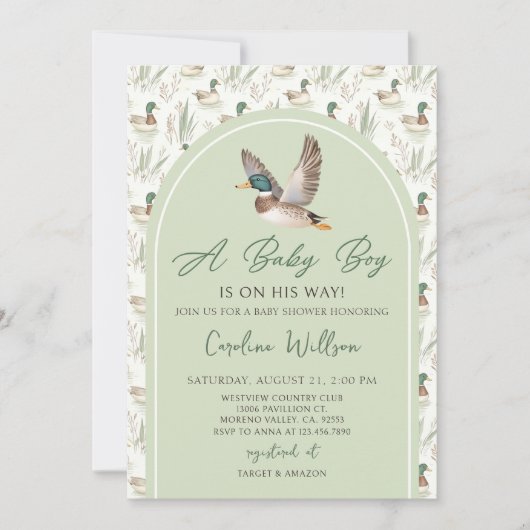 Sage Green Mallard Duck Boy Baby shower Uitnodigin Kaart (Voorkant)