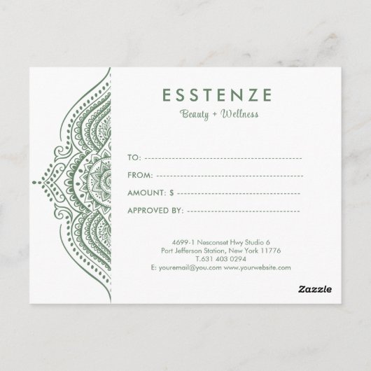Sage-Green Mandala Cadeaubon Ontwerp Briefkaart (Achterkant)