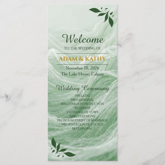 Sage Green Marble & Gold Wedding Program Programmakaart (Voorkant)