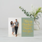 Sage Green Merry Kerstkalligrafie Foto Folie Feestdagen Briefkaart (Staand Voorkant)