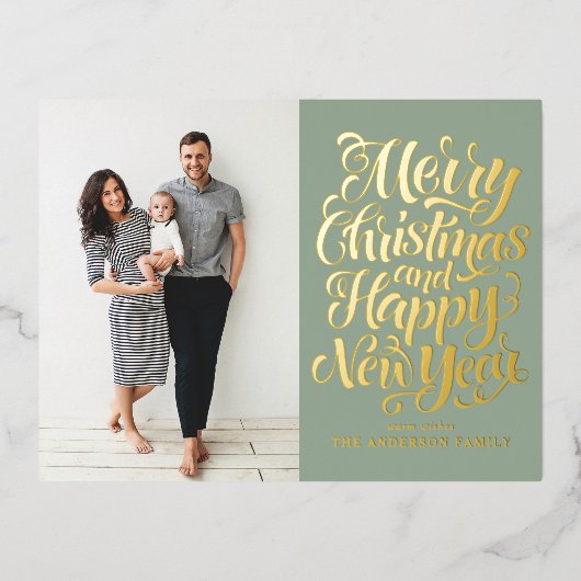 Sage Green Merry Kerstkalligrafie Foto Folie Feestdagen Briefkaart (Voorkant)