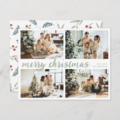 Sage Green Merry Kerstkalligrafie Vier Foto Feestdagenkaart (Voorkant / Achterkant)