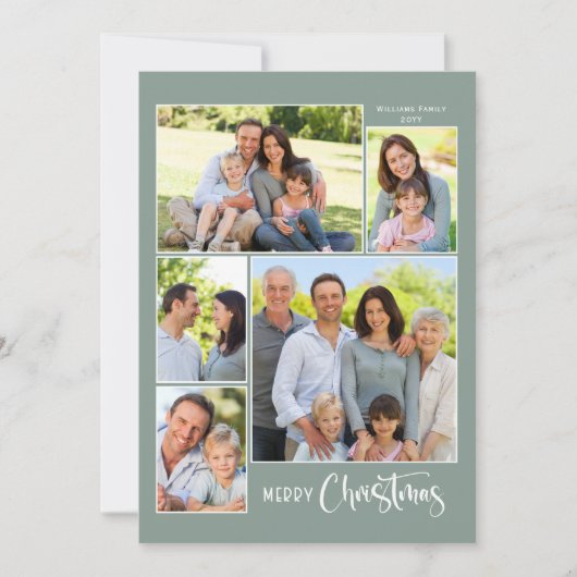 Sage Green Merry Kerstmis 5 Foto Collage Feestdagenkaart (Voorkant)