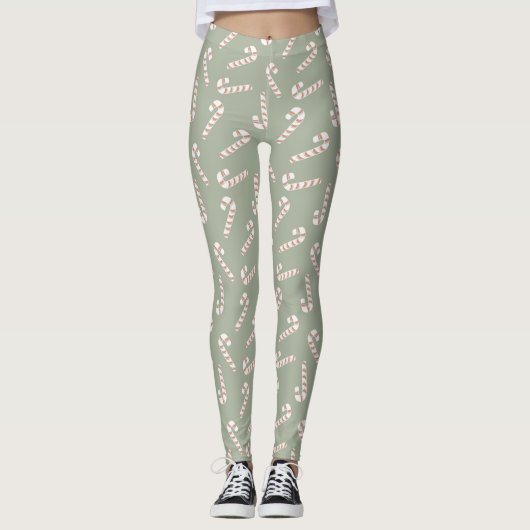 Sage Green met rode en witte snoepstokken Leggings (Voorkant)