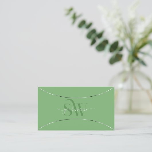 Sage Green met Silver Decor en Monogram Stijlvol Visitekaartje (Staand voorkant)