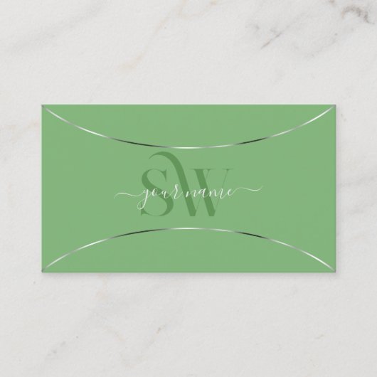 Sage Green met Silver Decor en Monogram Stijlvol Visitekaartje (Voorkant)