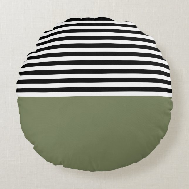 Sage Green met zwarte en witte strepen Rond Kussen (Voorkant)
