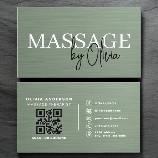 Sage Green Metallic Massage Therapist QR Code  Visitekaartje