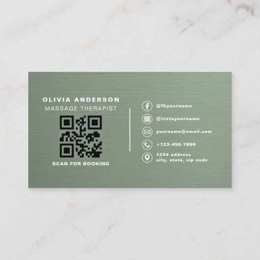 Sage Green Metallic Massage Therapist QR Code  Visitekaartje (Achterkant)