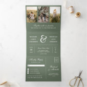 Sage Green Minimal 3 in 1 Photo Collage Wedding Drieluik Uitnodiging (Binnen)