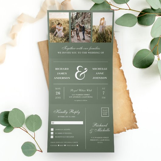Sage Green Minimal 3 in 1 Photo Collage Wedding Drieluik Uitnodiging