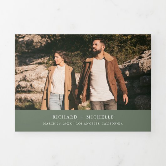 Sage Green Minimal Arch Photo QR code Wedding Drieluik Uitnodiging (Cover)