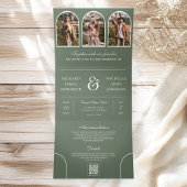 Sage Green Minimal Arch Photo QR code Wedding Drieluik Uitnodiging