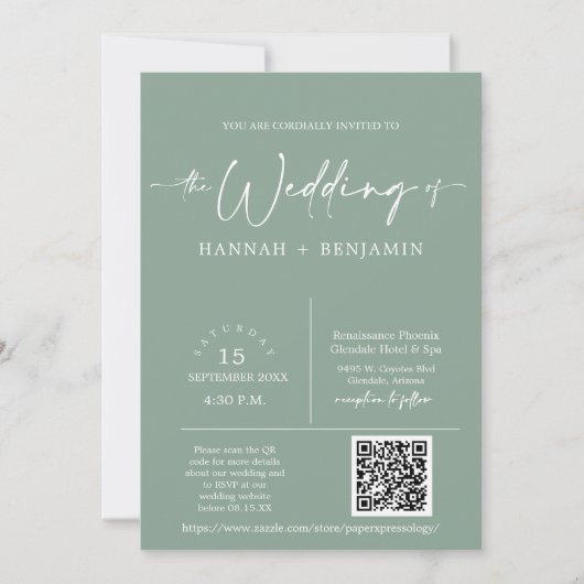 Sage Green Minimal Boho Wedding Arch QR Code Foto Kaart (Voorkant)
