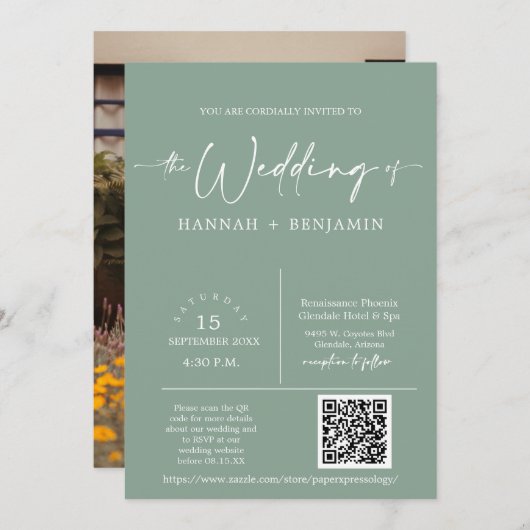 Sage Green Minimal Boho Wedding Arch QR Code Foto Kaart (Voorkant / Achterkant)