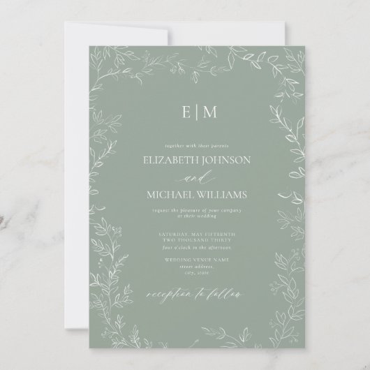 Sage Green Minimal Leaf Photo Monogram Weddenschap Kaart (Voorkant)