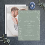 Sage Green Minimal Leaf Photo Monogram Weddenschap Kaart<br><div class="desc">Creëer de perfecte huwelijksuitnodiging met dit trendy, formeel groenboekontwerp, met een delicaat handgetekende bladgrens, en handgeschreven scripttypografie, wit op groen. De rug van de uitnodiging kenmerkt uw favoriete foto van het verloving. De ontwerper van het contact voor de passende producten. Hartelijk dank voor uw steun aan ons kleinbedrijf, dat waarderen...</div>