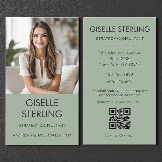 Sage Green Minimal QR Code Foto Modern Visitekaartje