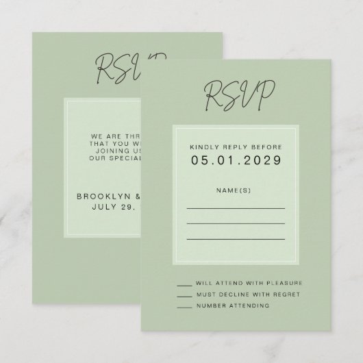 Sage Green Minimal Wedding RSVP Card Kaartje (Voorkant / Achterkant)