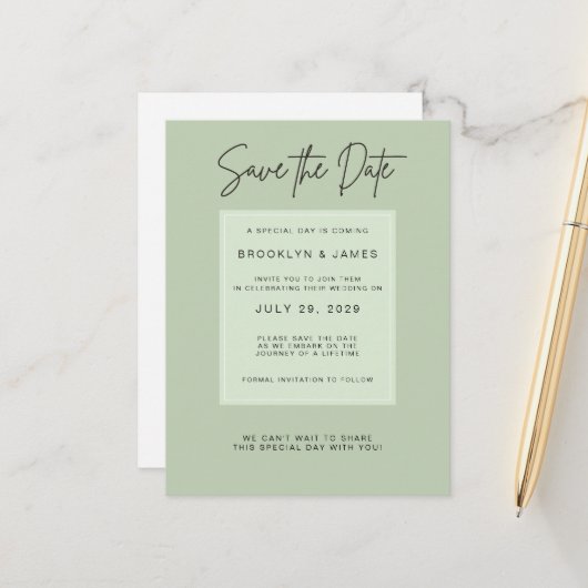 Sage Green Minimal Wedding Save The Date Aankondigingskaart (Voorkant / Achterkant in situ)