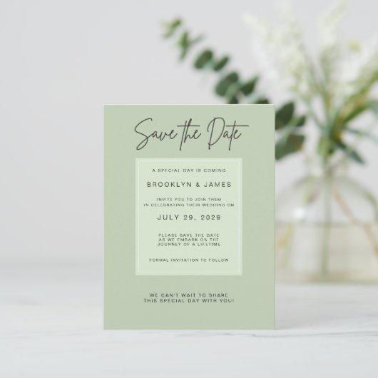 Sage Green Minimal Wedding Save The Date Aankondigingskaart (Staand voorkant)