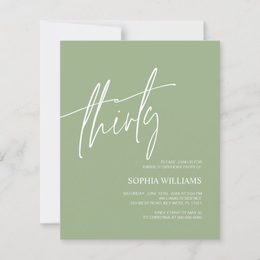 Sage Green Minimalist 30th Birthday Invitation (Voorkant)