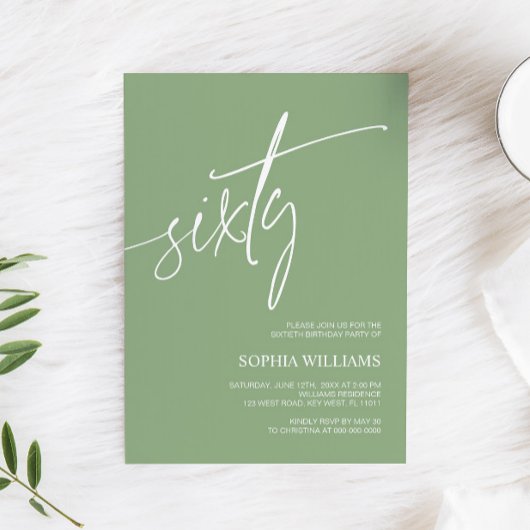 Sage Green Minimalist 60th Birthday Invitation Kaart