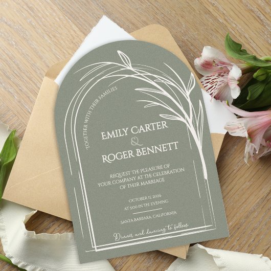 Sage Green Minimalist Arch Botanical Wedding Kaart