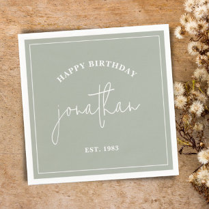 Sage Green Minimalist Birthday Custom Name Napkins Servet