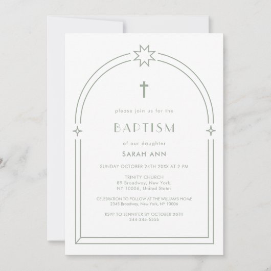 Sage Green Minimalist Boho Arch Cross Doop Kaart (Voorkant)