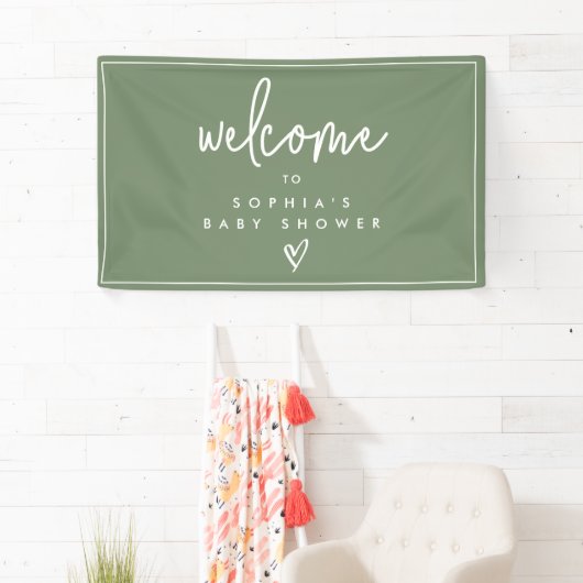 Sage Green Minimalist Boho Baby shower Welkom Spandoek (Insitu)