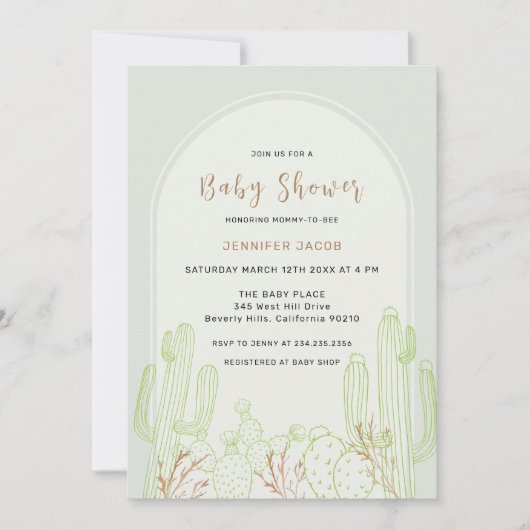 Sage Green Minimalist Boho Cactus Arch Baby shower Kaart (Voorkant)