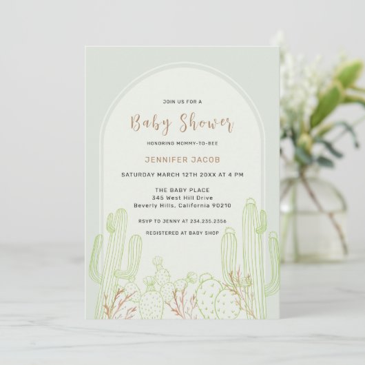Sage Green Minimalist Boho Cactus Arch Baby shower Kaart (Staand voorkant)