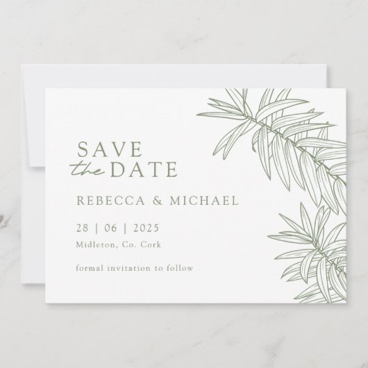 Sage Green Minimalist Botanical Bewaar de datum Save The Date (Voorkant)