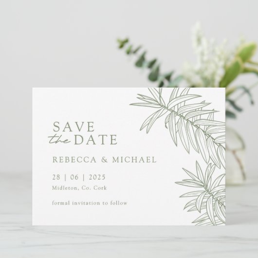 Sage Green Minimalist Botanical Bewaar de datum Save The Date (Staand voorkant)