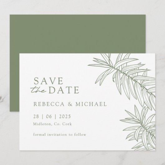 Sage Green Minimalist Botanical Bewaar de datum Save The Date (Voorkant / Achterkant)