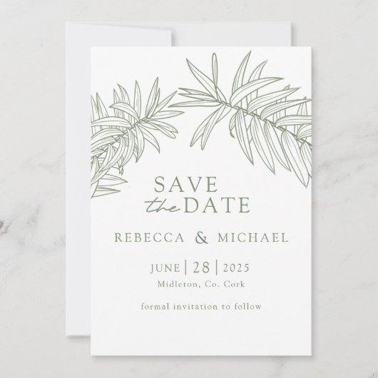 Sage Green Minimalist Botanical Save The Date (Voorkant)