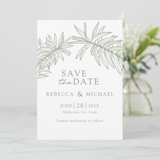 Sage Green Minimalist Botanical Save The Date (Staand voorkant)