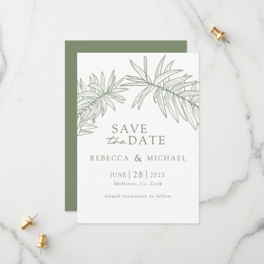 Sage Green Minimalist Botanical Save The Date (Voorkant / Achterkant in situ)