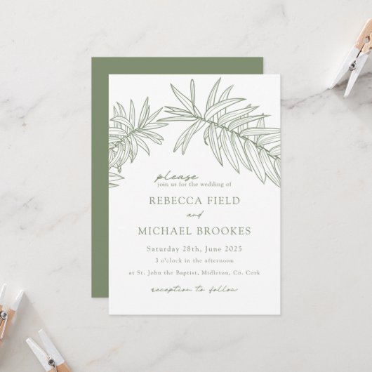 Sage Green Minimalist Botanical Wedding Kaart (Voorkant / Achterkant in situ)